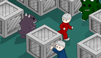 Cooperative Monster Containment: due giocatori, casse, sokoban